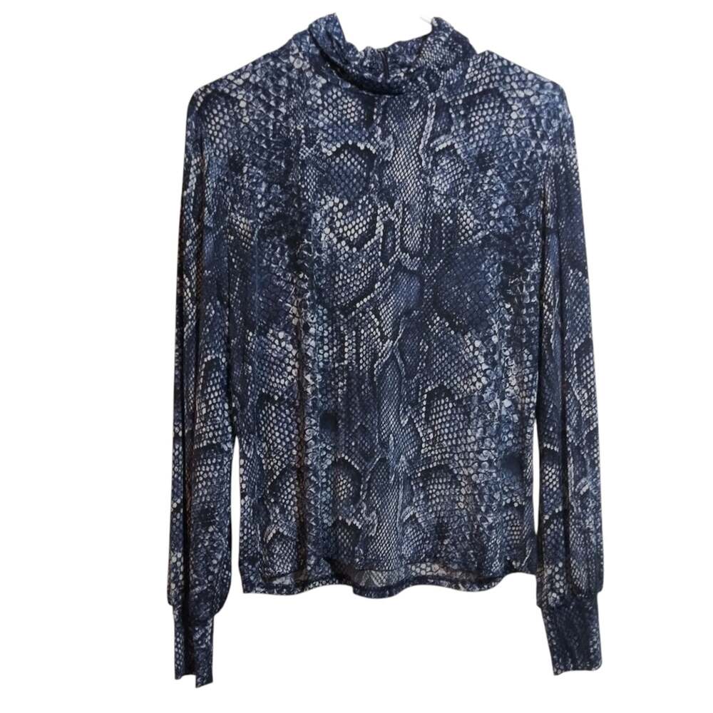 Andria Lieu Blue Snake Print Mock Neck Long Sleeve Blouse Top Size M